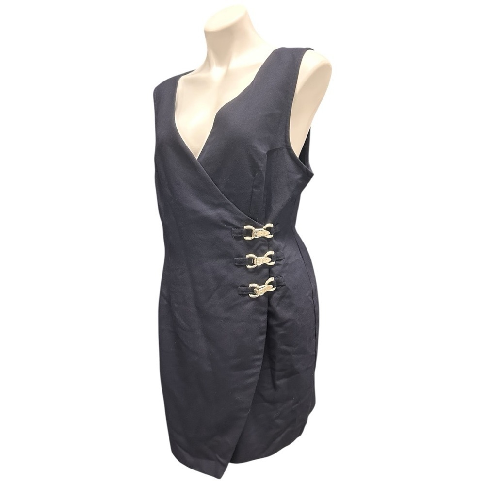 Vintage 90s Navy Wrap Dress Sleeveless V-Neck w/Silver Belt Buckles Size 13/14